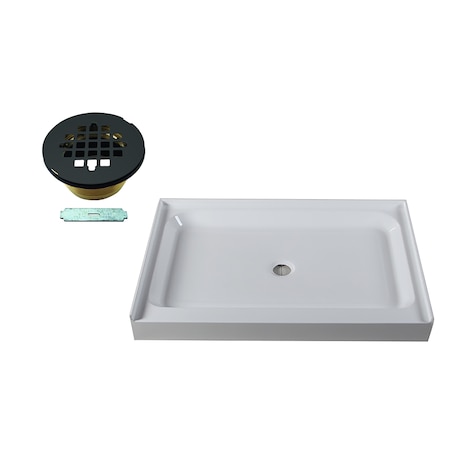 Westbrass Shower Pan 48 x 36 3-Wall W/ Center Solid Brass Drain W/ Modern Cross Grid in Matte Black HPG4836WHB-62